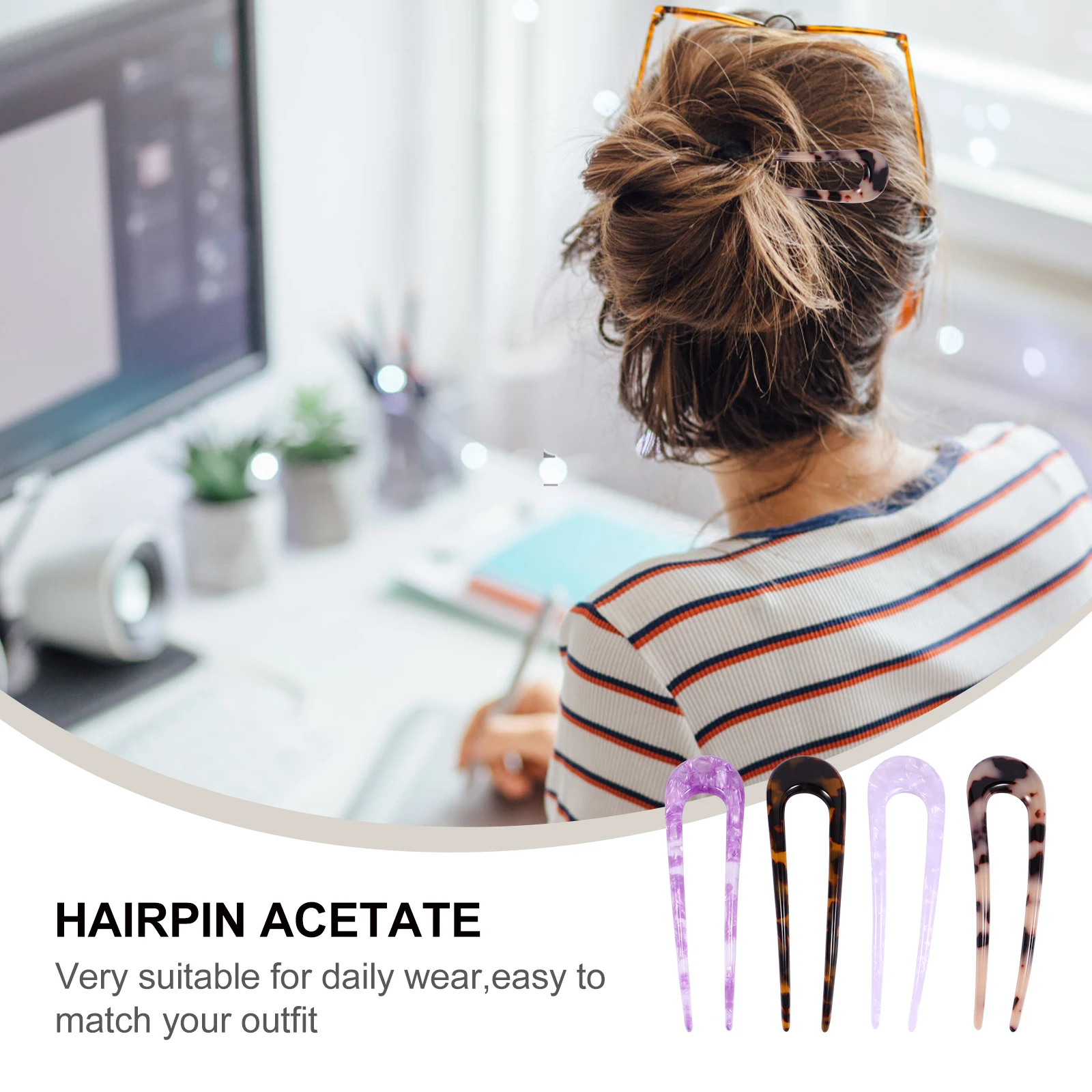 

4pcs U-Shaped Pin Sticks Double Prong Hair Clips Bun Holder Clip Acetate Hairpin Elegant Vintage No-Skid Strong Hold Simple