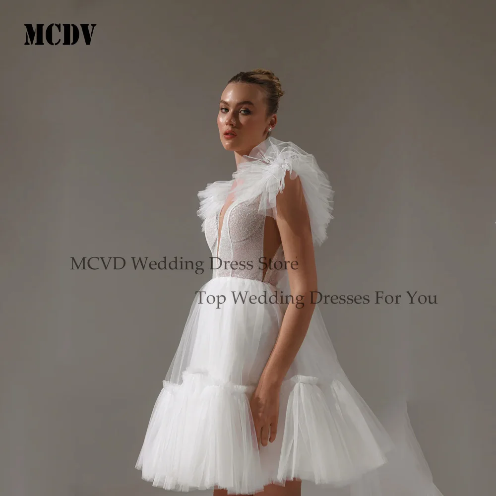 

MCDV Classic A-Line Mini Wedding Dress Tulle Lace Sleeveless V-Neck Sexy Backless Wedding Party Gowns Above Knee Customized