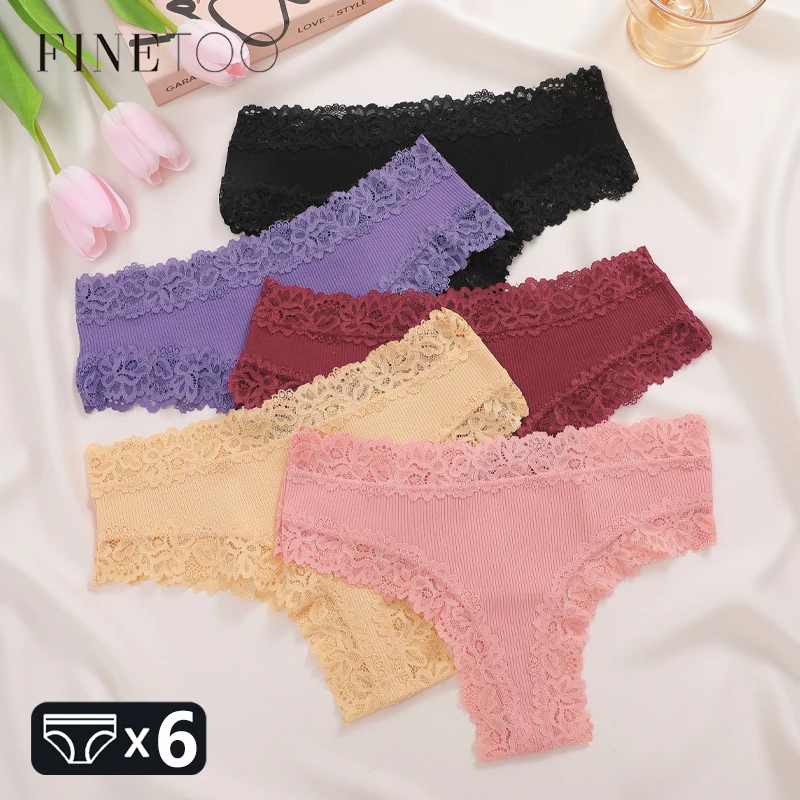 6шт Женское Хлопковое Кружевное Белье Сексуальные Дышащие Бразильские Трусики Девушки Ребристые Полосатые Стринги Мягкие Твердые G-стринги Белье