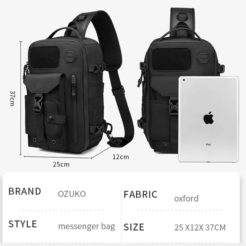 OZUKO New Tactical Shoulder Chest Bag for Men Large Capacity Sports Waterproof Crossbody Bag Outdoor Travel Sling Messenger Bags