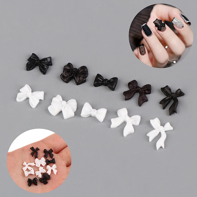 50pcs Bow Resin Nail Art Decoration Black White 3D Long Ribbon Bowknot Ornament Nail Charm Jewelry Design DIY Accessories