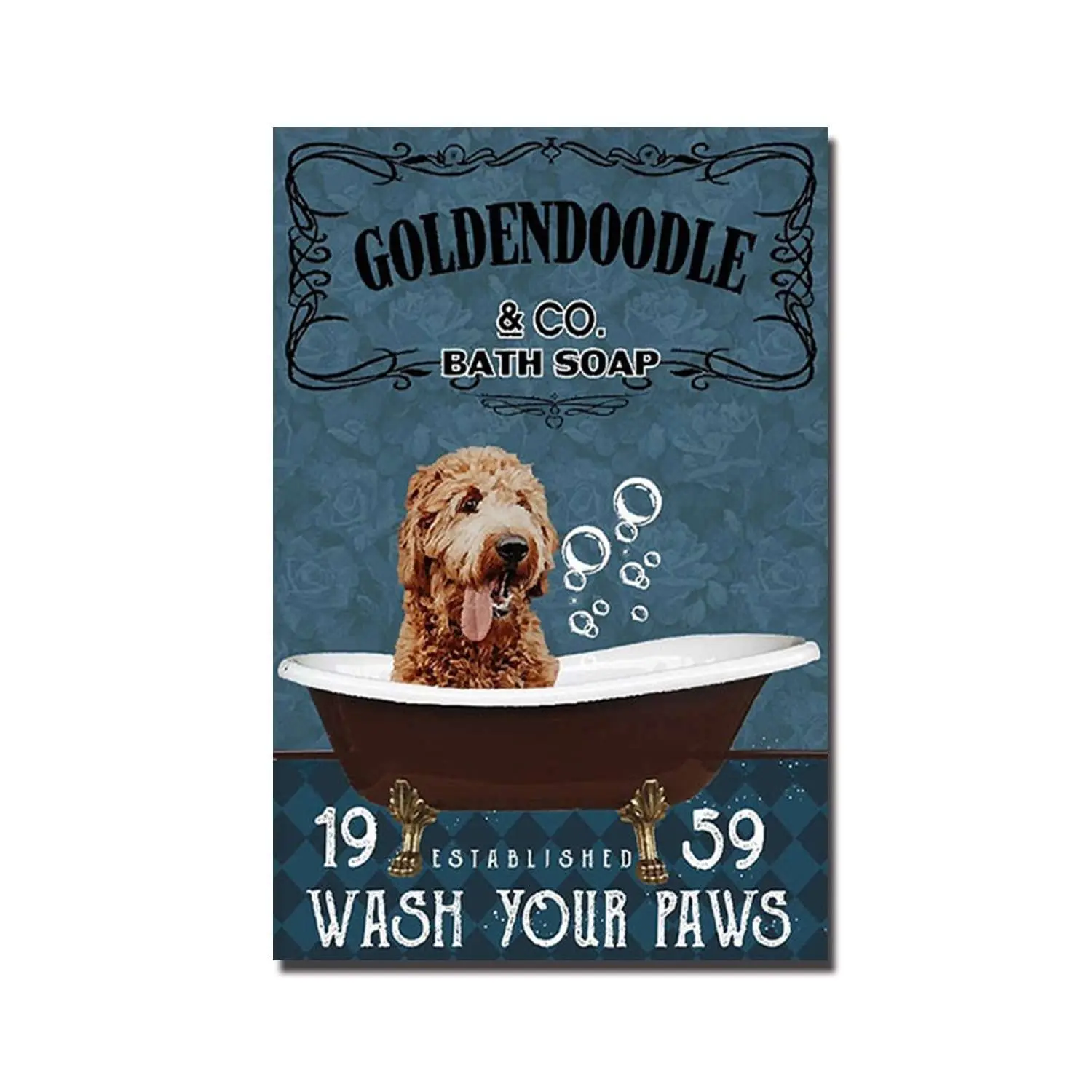 Funny Metal Tin Signs Goldendoodle and Co Bath Soap Wash Your Paws Tin Sign Painting Cafe Opera House Art Wall Decoration Plaque
