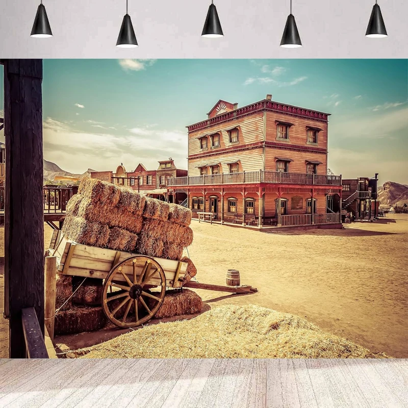 Western Town Photography Backdrop Town Traditional Wooden Building Cart Wild West Desert Scene Background Cowboy Birthday Party