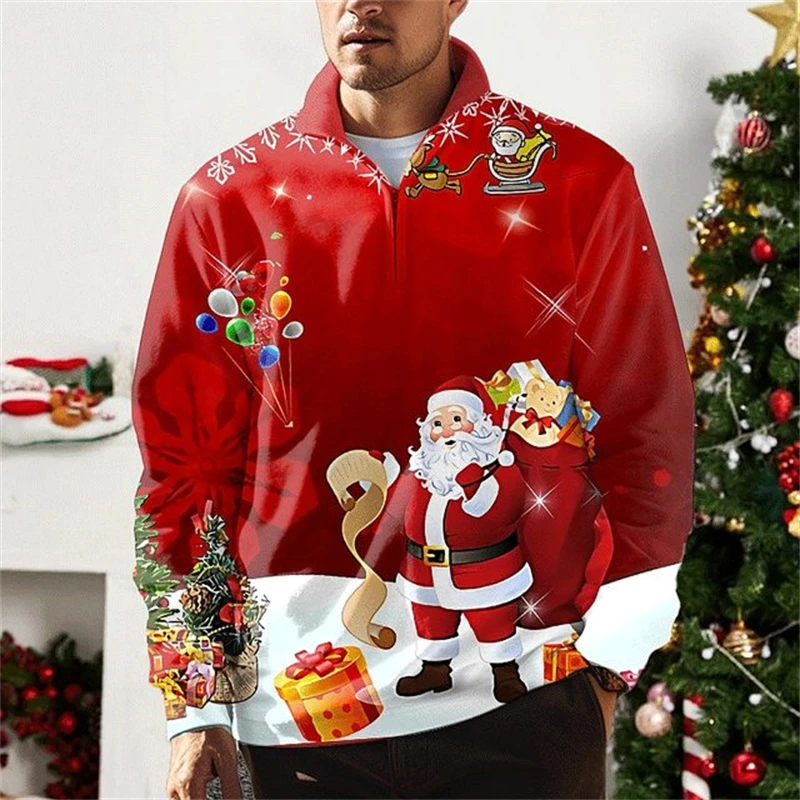 

Santa Claus Print Half Zip Long Sleeve Sweatshirts Autumn Casual Loose Hoodies Fashion Stand Collar Tops Tee X'mas Men's Clothes