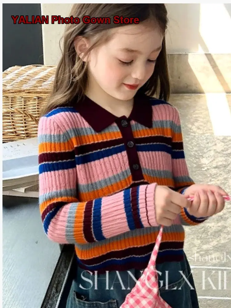 Girls Polo Collar Knit Top Kids Autumn Rainbow Striped Geometric Pattern Fashionable