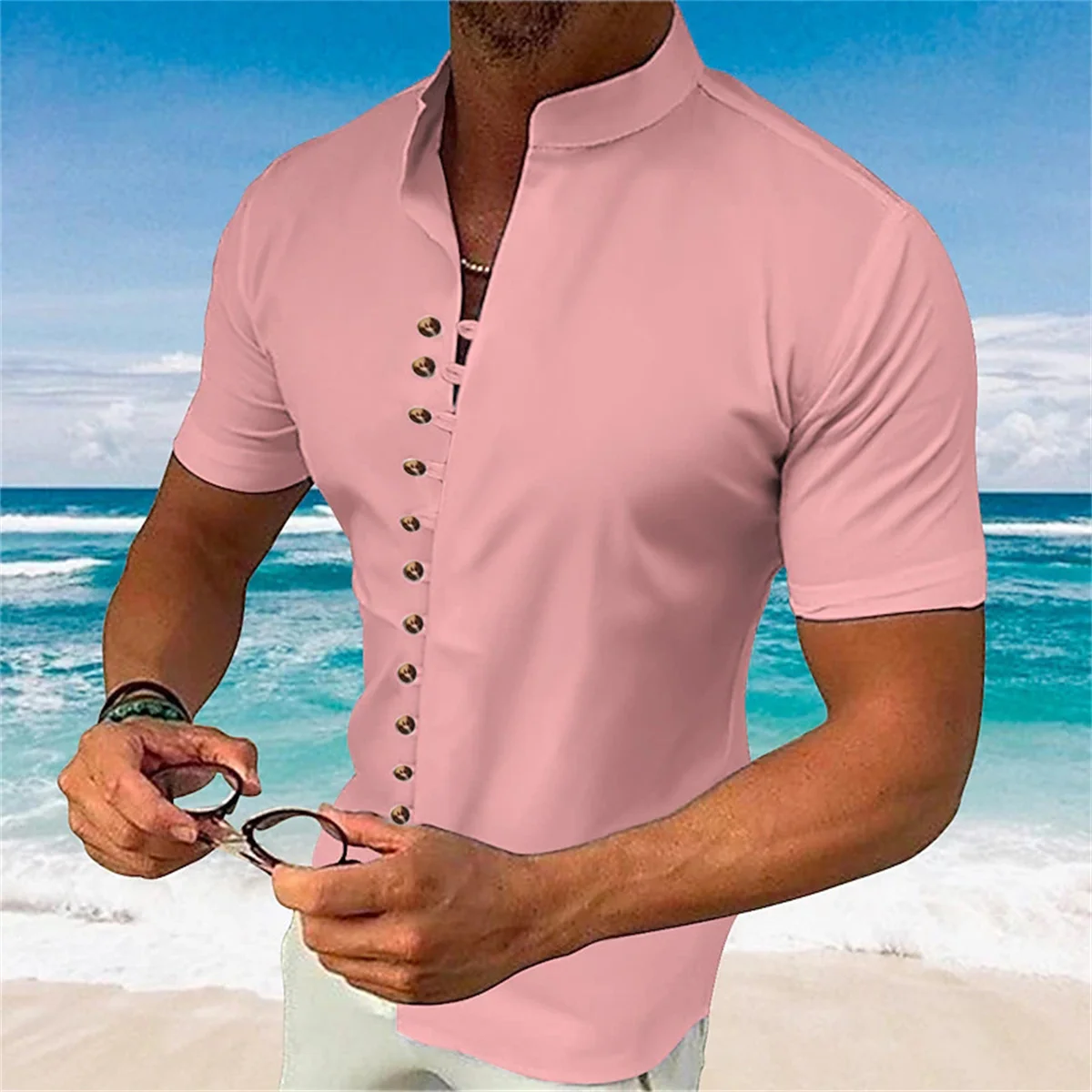 Summer Men's Daily Entertainment Leisure Shopping Cotton and Linen Solid Color Short-Sleeved Stand-up Collar Shirt