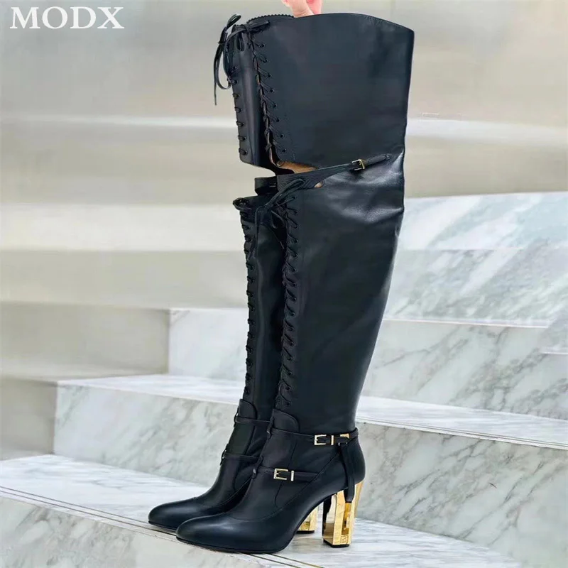 

2024 New Strange Style Fretwork Heels Lace-up Thigh High Boots Fashion Runway T-shape Straps Belt Buckle Designer Knight Boots