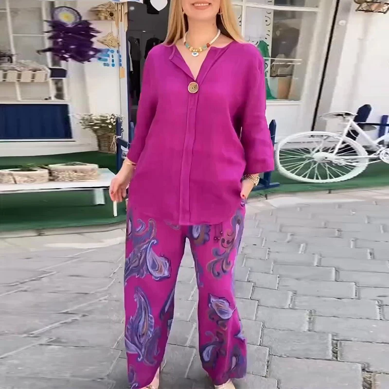 Completi da pendolarismo casual da donna Bottoni in cotone e lino a maniche lunghe larghi Set da 2 pezzi Abito con pantaloni dritti stampati con