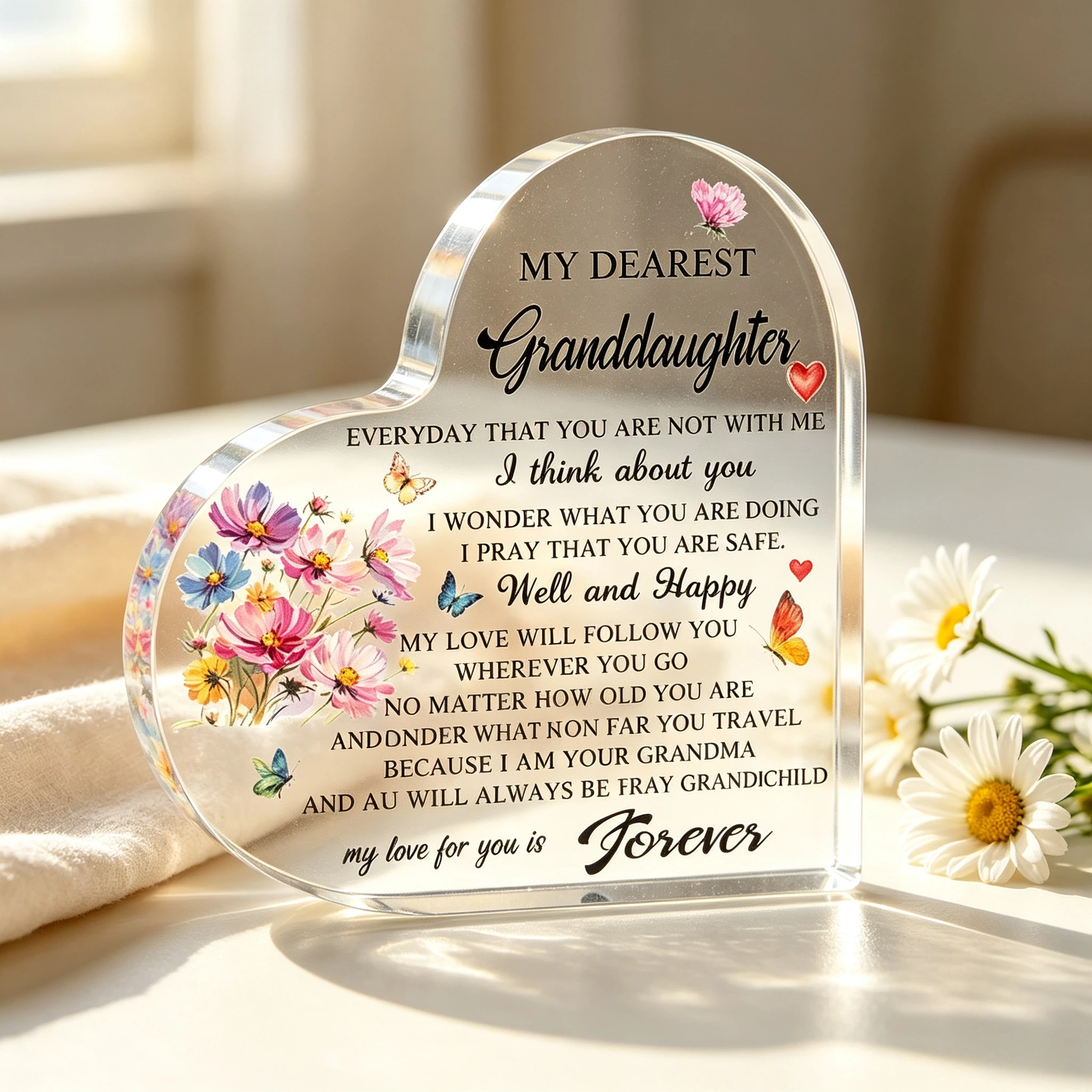 My Dearest Granddaughter Heart‑Shaped Acrylic Tabletop Plaque, Floral Butterfly Love Quote Desktop Gift