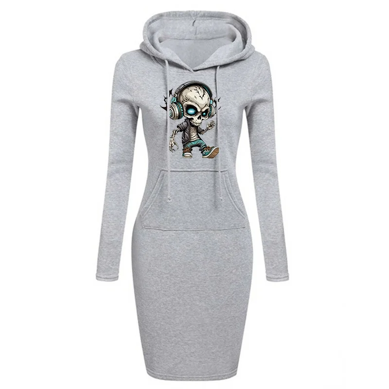 فستان كاجوال بغطاء للرأس بطباعة جمجمة كرتونية إبداعية، فستان هاراجوكو مريح للخريف والشتاء للنساء