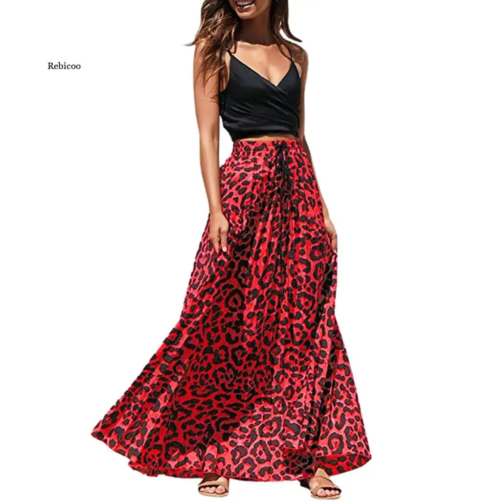 Gonna bohémien a vita alta con coulisse lunga stampa leopardata moda formale Casual boho gypsy per le donne di grandi dimensioni