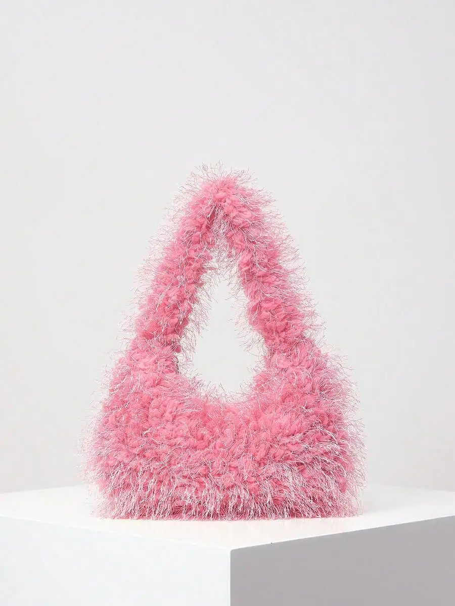 

Pink Fluffy Knit Hobo Bag - Soft Fuzzy Shoulder Bag for Casual & Party Wear