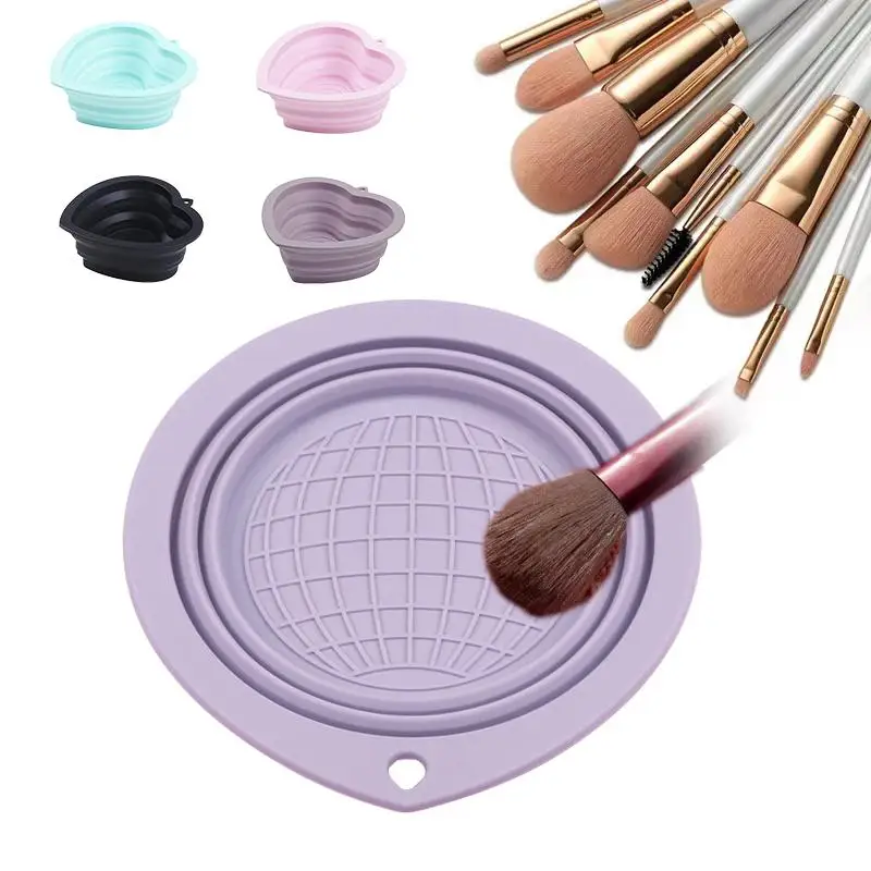 Detergente per pennelli per trucco in silicone a forma di cuore/rotondo, ciotola per pulizia pieghevole per soffio di cipria, per lavare tappetino morbido, scatola per strumenti di bellezza