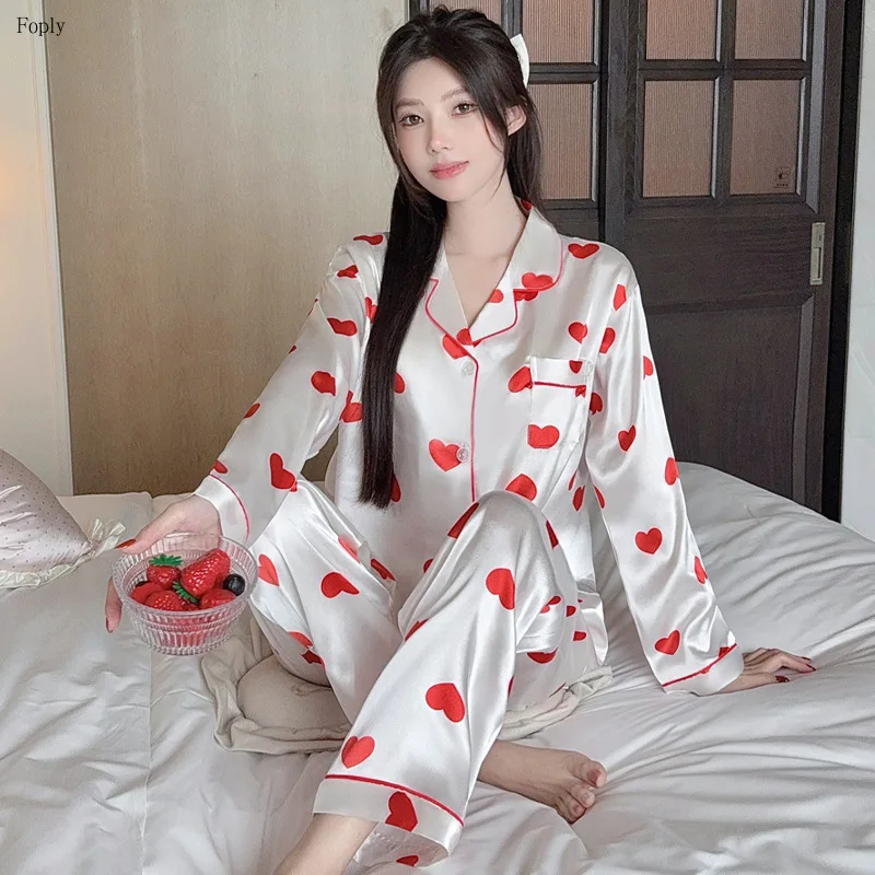 

Love Print Women Pajamas Set Spring Summer Pajamas Woman Pyjama Satin Silk Long-sleeved Top Pants Pijama Pjs Women Loungewear