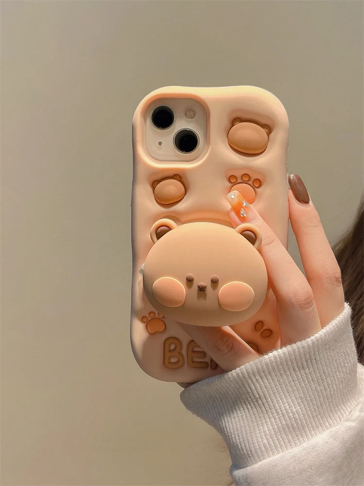 Caso bonito do telefone do silicone do urso 3d, suporte escondido, tampa da menina bonito, iphone 11, 12, 13, 14, 15 pro max, xs, xr, x, 7, 8 mais