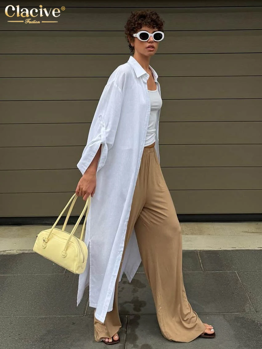 Clacive Fashion Loose White Cotton Women Dress Casual Lapel Long Sleeve Ankle Length Dresses Elegant Classic Solid Female Dress