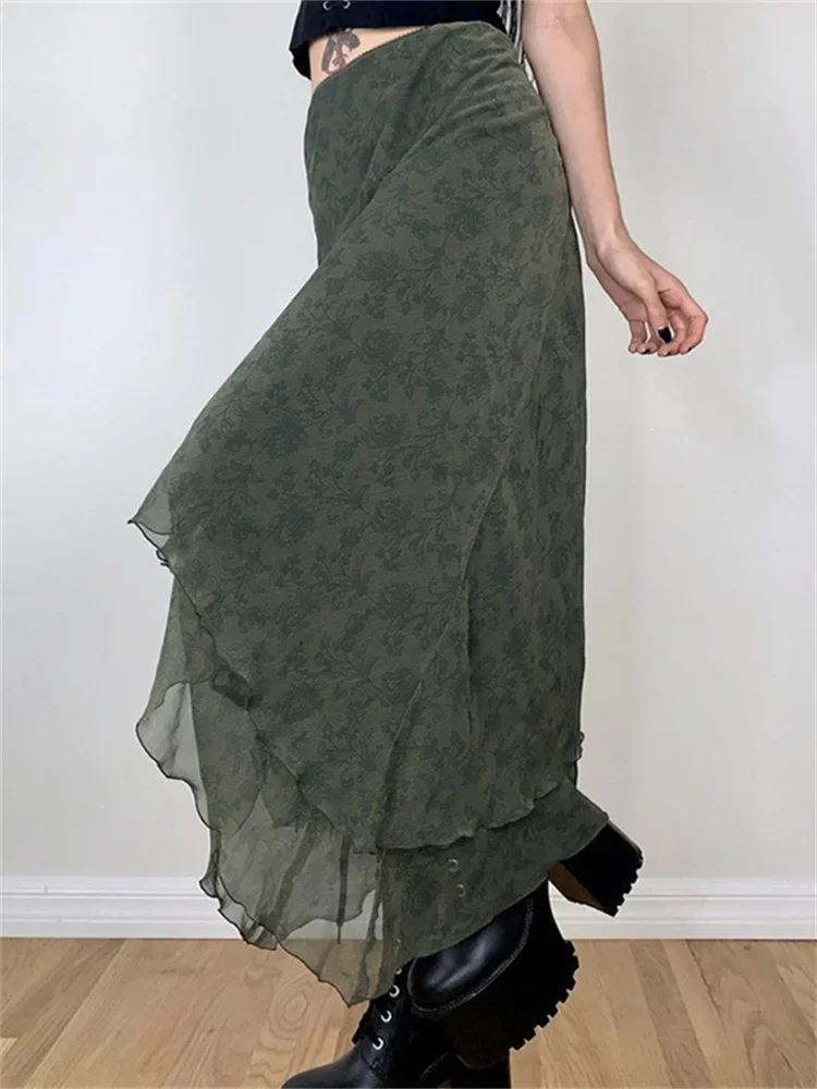 تنورات نسائية متوسطة الطول بنقشة زهور ، خصر مرتفع ، تنورة شبكية غير منتظمة ملفوفة ، جمالية Y2K ، جرونج ، ملابس غير رسمية مثيرة #2