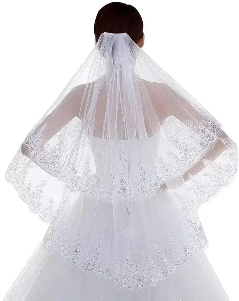 

Женская свадебная фата из тюля с пайетками по краю, длиной до кончиков пальцев, двухслойная, кружевная, для невесты