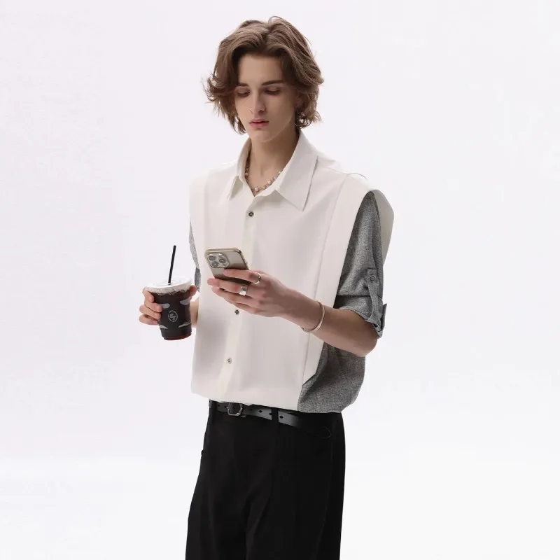 

Men's Two Tone Spliced Fake Two Piece Short Sleeve Shirt Oversized Casual Streetwear Button Down Top