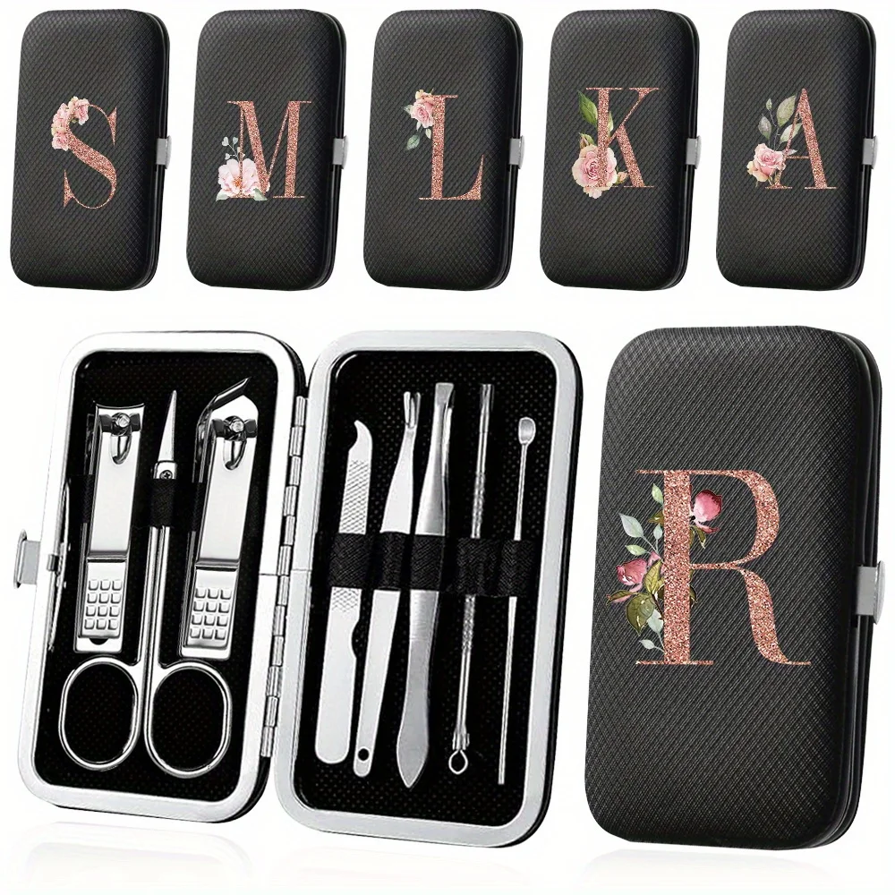 8pcs Stylish Nail Care Kit Stainless Steel Nail Clippers Set With Travel Case Manicure Beauty Tool Rose Gold Letter Pattern