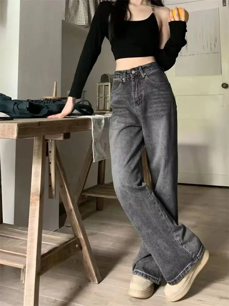 هوتشو خمر الجينز الجرونج Y2k 90s مستقيم واسعة الساق سراويل جينز عالية الخصر الإناث غسلها فضفاض الدنيم السراويل الشارع الشهير