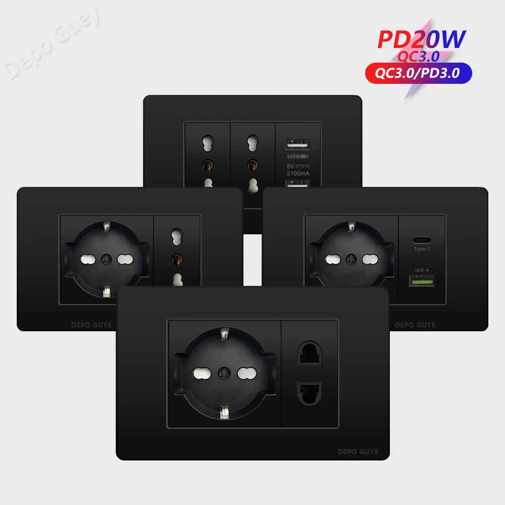 

Black Plastic Italy Chile USB Type-C Smart Fast Charging Wall Socket Schuko Outlet TV Satellite Chile 2Way Light Switch Panel