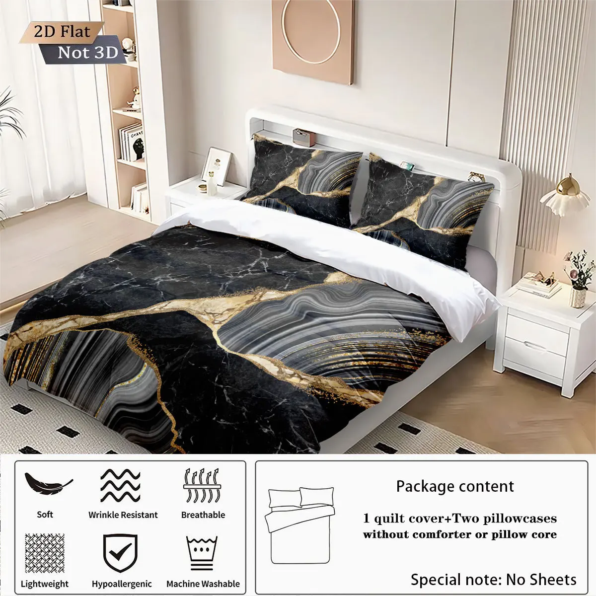 Classic Luxury Black & Gold Marble Duvet Cover Set with Pillowcases Modern Bedding Full Queen King Size Bed Comforter & Luxury