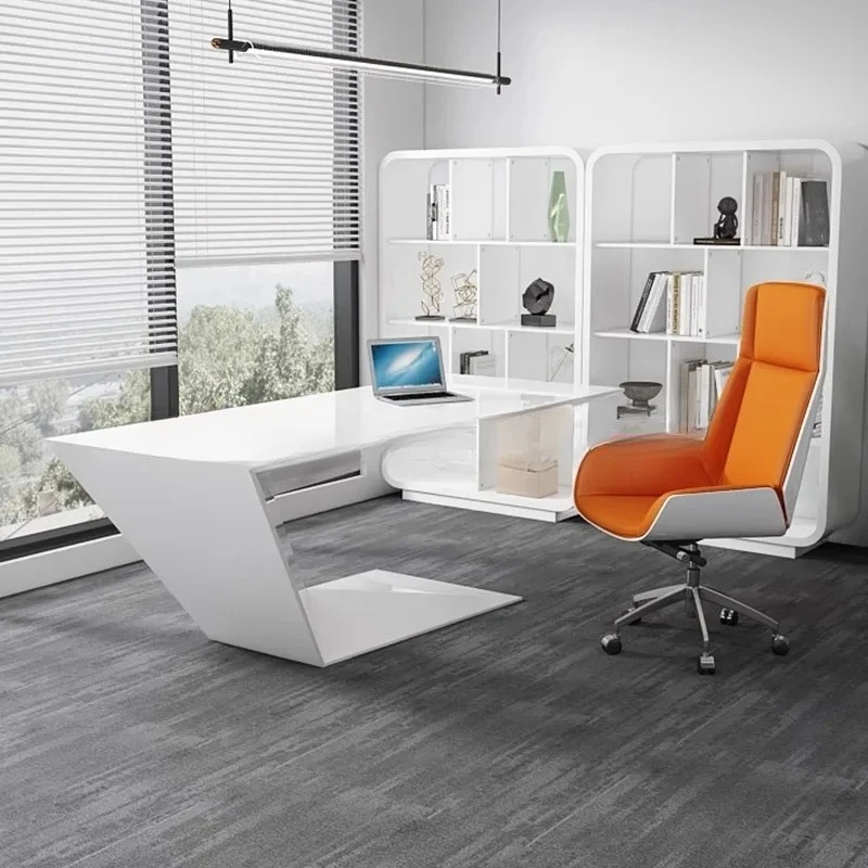 White Lacquer Office Desk Rectangular High-End Fashion Executive Desk Solid Wood Simple Style Office Desk