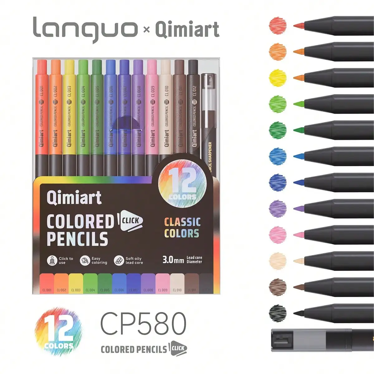 Languo 12 kleuren mechanische kleurpotlodenset, 3,0 mm zachte oliekern voor schetsen, tekenen en schoolbenodigdheden