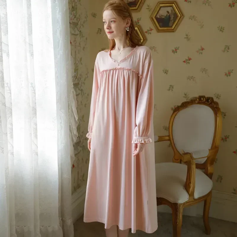 

Loose Sleepwear Night Women Sleeve Long Nightgown Ruffles Nightdress Nightwear Sweet Princess Dress Vintage Robe Peignoir Cotton