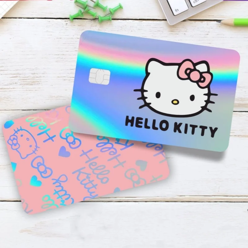 Laserowe naklejki na karty kredytowe Hello Kitty dwustronne naklejki z przodu z tyłu karta studencka naklejki ochronne kobiet akcesoria