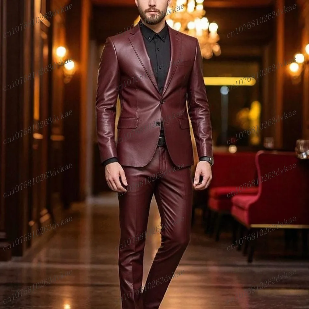 

New Burgundy Leather Men Suit Wedding Party Formal Groom Groomsman Prom Business Male Tuxedos 2 Piece Set Jacket Pants