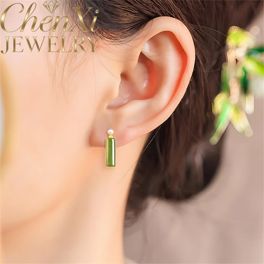

High-End Natural Spinach Green Base Hetian Jadeite Jade Long-Shaped Earrings For Women Genuine S925 Quality Fine Jewelry Simple