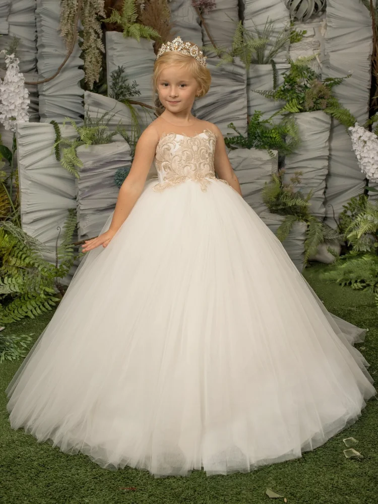 

Flower Girl Dresses White Tulle Puffy Gold Patterned Embroidery With Bow Sleeveless For Wedding Birthday Princess Gowns