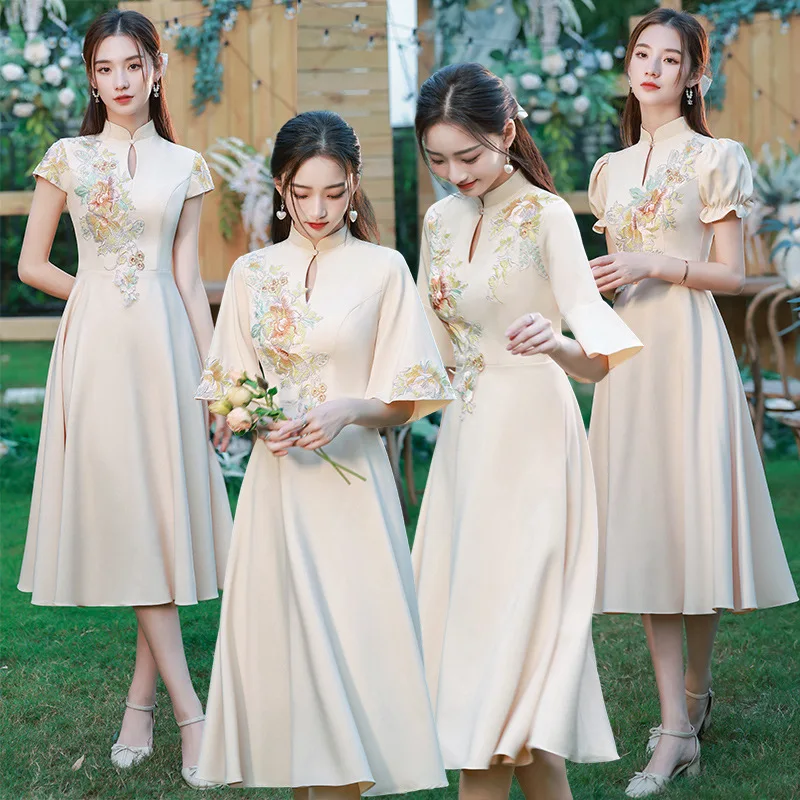 Chinese Style Bridesmaid Dress Spring New Champagne Group Women's Satin High-Grade Daily Wearable