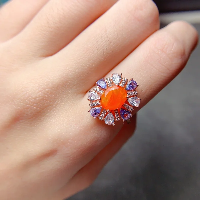 Luxurious Mexico Rare Orange Fire Opal Women Ring with Silver Plated 925 Sterling Engagment Promise Ring for Gift