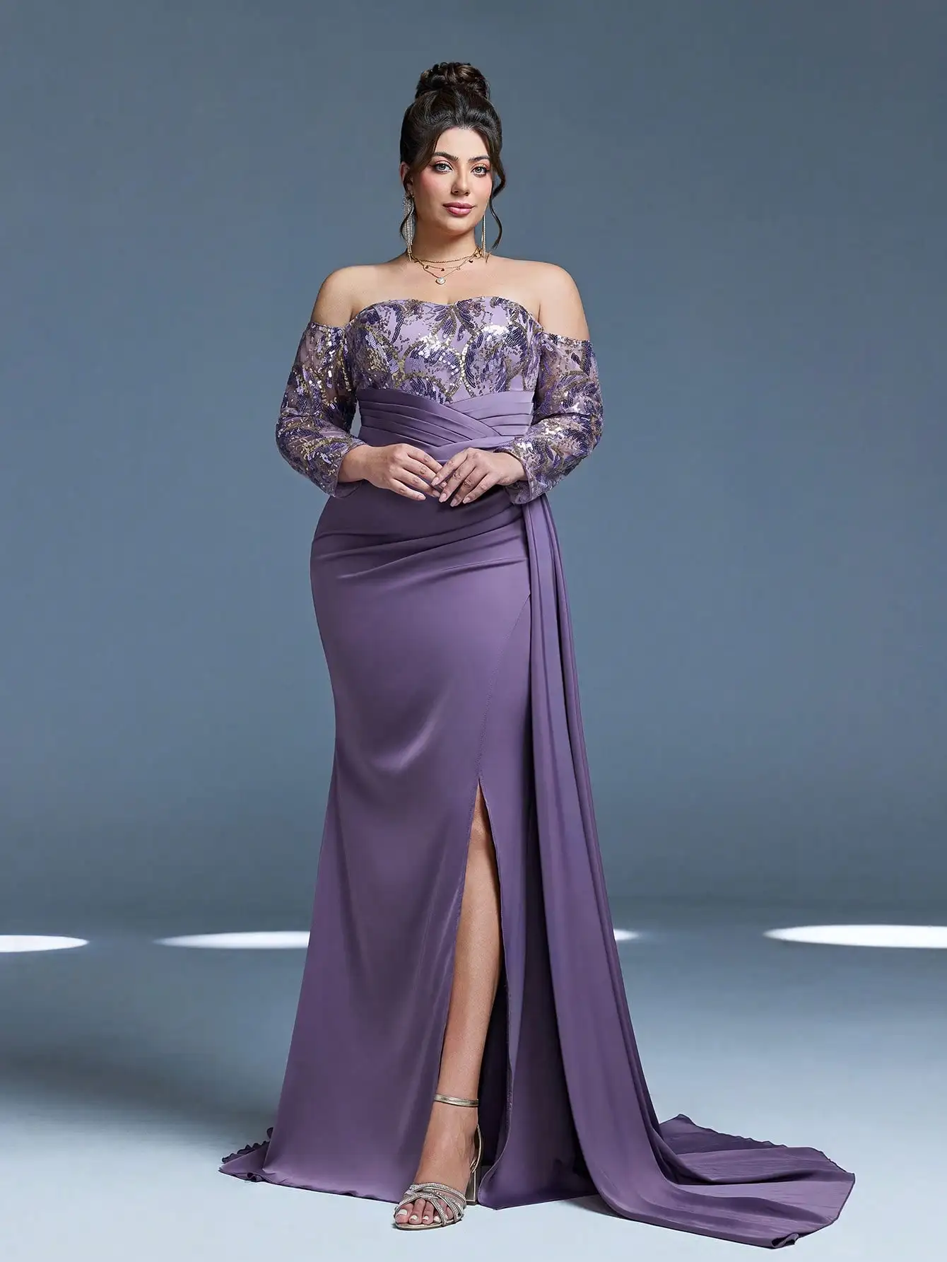 Mgiacy,New Arrival,Off Shoulder,Sequin,Elegant,Large size Evening gown dress,Float piece,High slit,Package hip,Mermaid hem dress