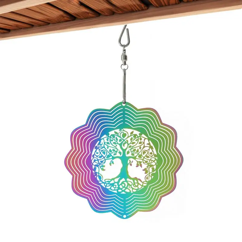 Gradient Color Tree of Life Wind Spinner Stainless Steel 3D Rotating Wind Chimes Catcher Pendant Home Decor Garden Bird Repeller