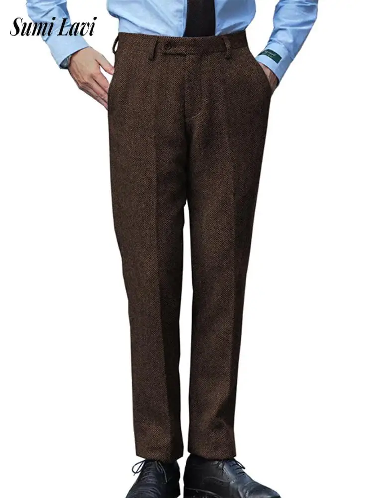 

Daily Casual Solid Color Woolen Trousers For Mens 2025 Fall Winter Fashion Pleated Loose Straight Pants Men Vintage Woolen Pants