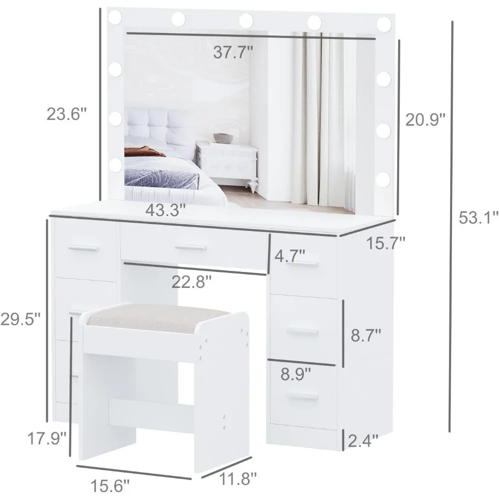 Vanity Desk with Stool, Makeup Table with Lighted Mirror, 3 Color Lighting Modes, Brightness Adjustable, Dressing Table