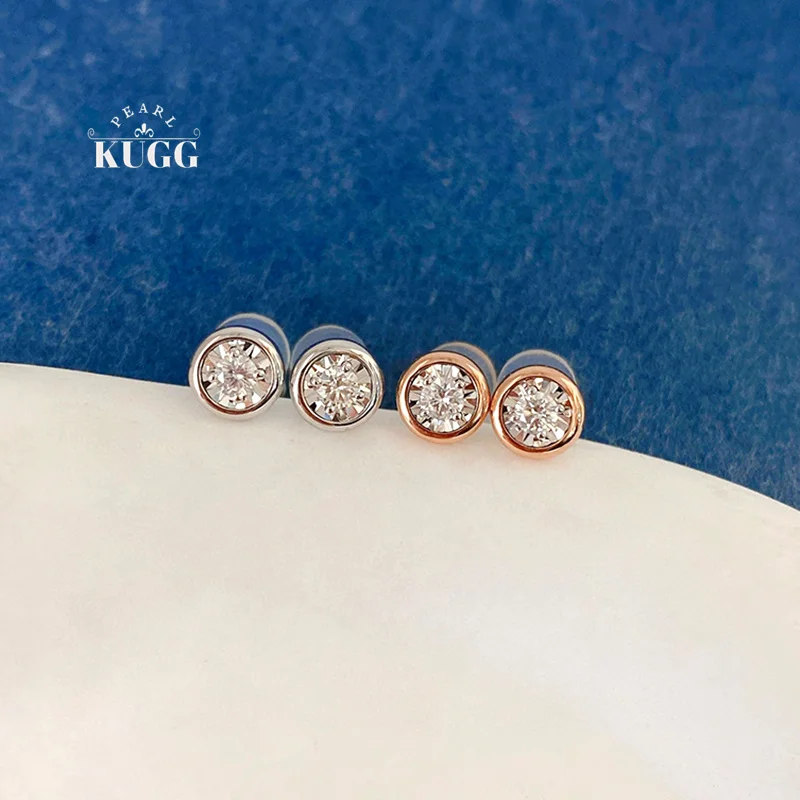 KUGG 100% 18K White/Rose Gold Earrings Women Fashion INS Style 0.15carat Real Natural Diamond Stud Earrings High Party Jewelry