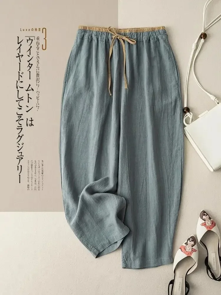 Pantaloni Harem Estivi Retrò in Cotone e Lino, Larghi con Elastico e Coulisse in Vita, Casual, Versatili, a Gamba Larga, Lunghezza alla Caviglia