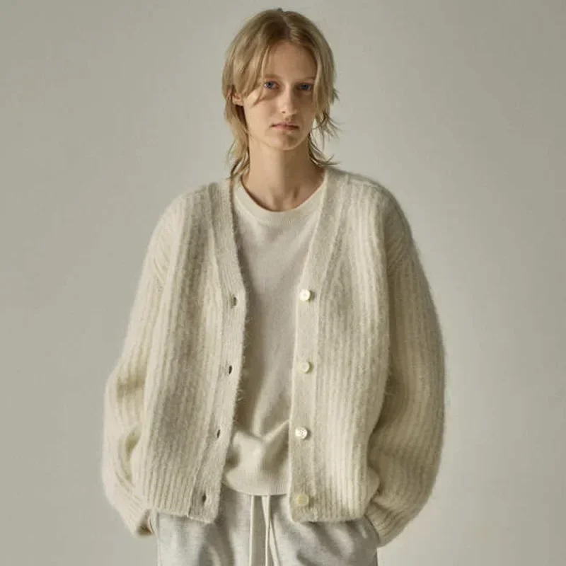 F @ C @ * Wool Cardigan for Women, Loose Knit Sweater, White Tops, Gothic Clothes, Y2k, New Design, Fall and Winter, 2023