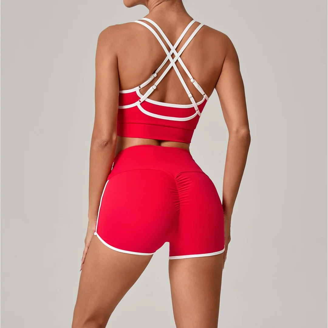 

Комплекты для йоги с открытой спиной и цветными блоками, плотный спортивный бюстгальтер для фитнеса, шорты, комплект из двух предметов, одежда для тренировок, костюмы для йоги в тренажерном зале