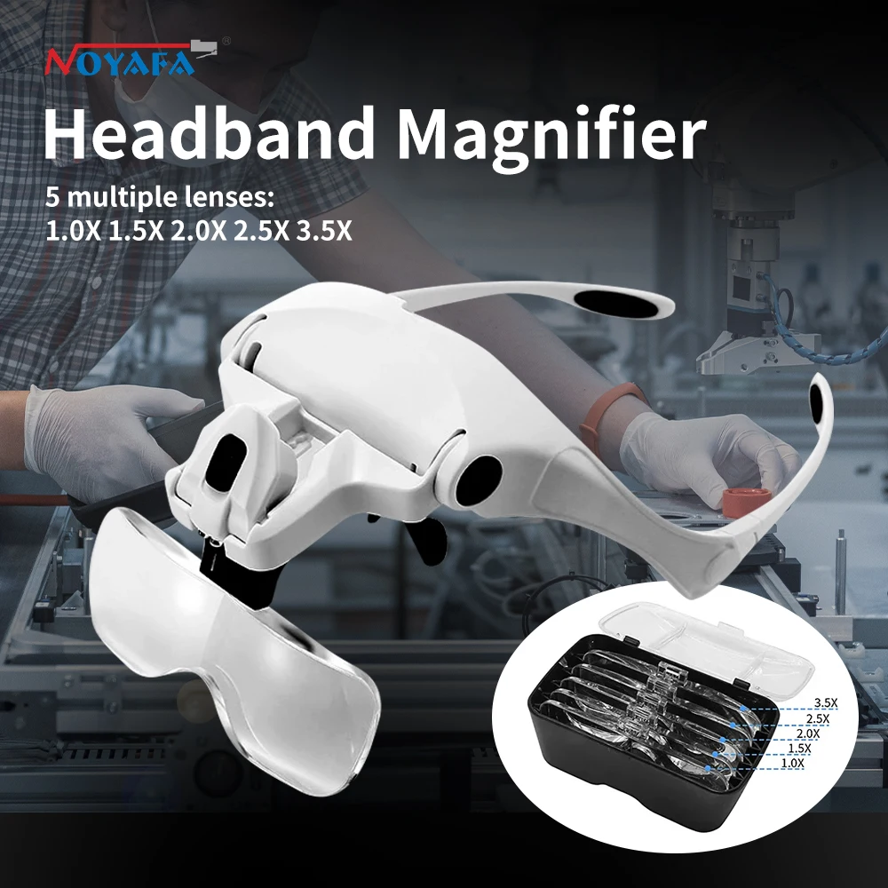 Headband Magnifier 1.0X 1.5X 2.0X 2.5X 3.5X Magnifying Lens Wearing Glasses Head-Mounted Adjustable High Magnification with 5 Le