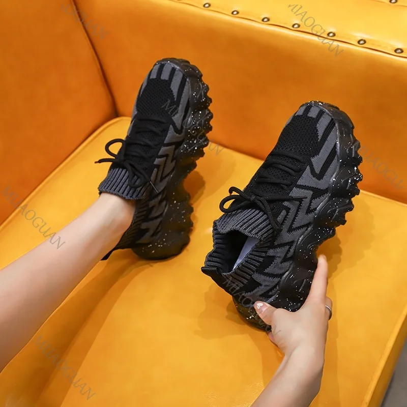 Women Chunky Sneakers Breathable Knitting Thick Bottom Anti-slip Slip-on Loafers Comfort Running Sports Shoes Ladies Footwears view 5