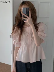 Woherb 2024 Women Summer Puff Sleeve Shirts Elegant Square Neck Casual Tops Korean Vintage Ruffled Single Breasted Slim Blouses