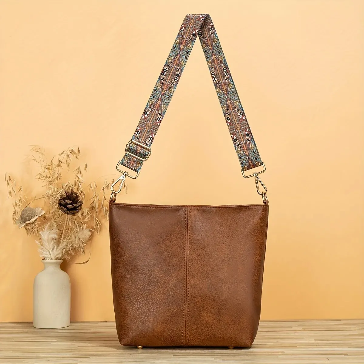 Retro Style Bucket Crossbody Bag, Boho Style Shoulder Bag, Faux Leather Purse With Ethnic Strap