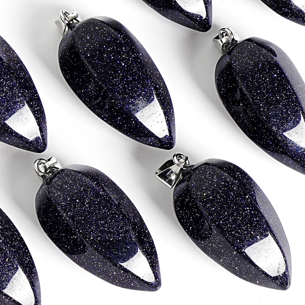 BLUE SANDSTONE PENDANT 30X15MM POLISHED HEXAGONAL CONE GEMSTONE CHARM FOR DIY NECKLACE MAKING BOHO JEWELRY ACCESSORIES AND GIFTS