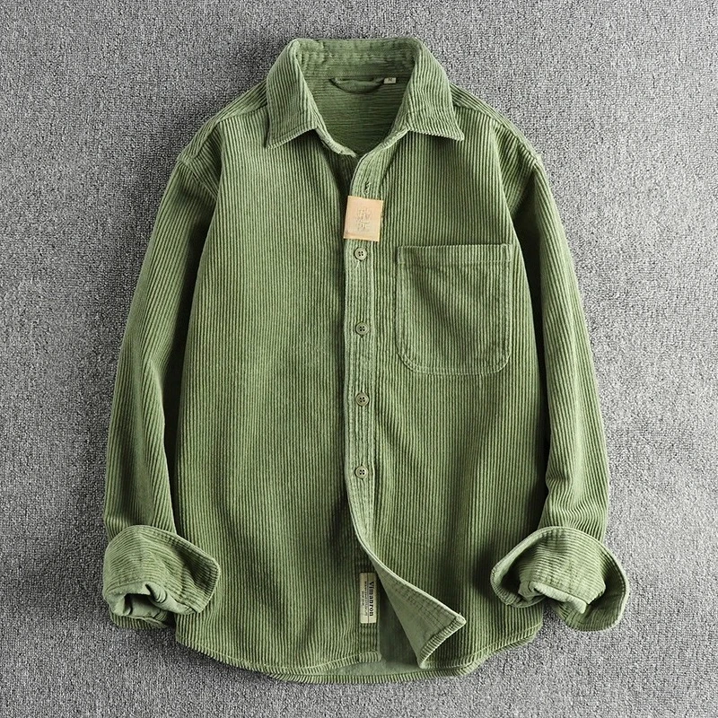 

Cotton Corduroy Washed Long Sleeve Shirt Men's American Kaji Trend Single Pocket Shirt Jacket